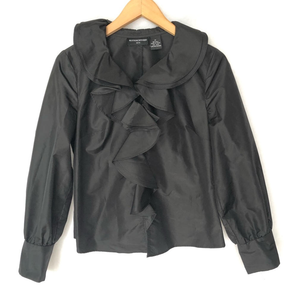 Sutton Studio Black Ruffle Front Button-Down Blouse